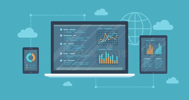 Online auditing, analysis concept. Web and mobile service. Financial reports, charts graphs on screens of a laptop, phone, tablet