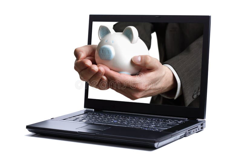 Ruka nabídka prasátko banka přes přenosný počítač obrazovka připojen do internetové sítě úspory.