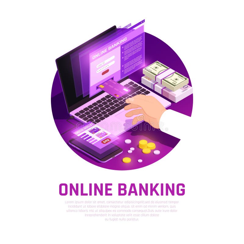 Online Banking Isometric Round Composition vector illustration