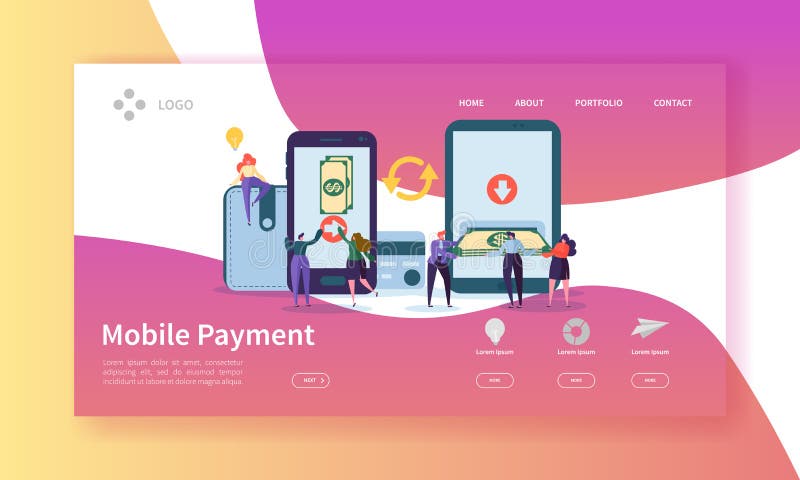 Online Banking Landing Page. Mobile Payment Banner with Flat People Characters Making Payments Using Smartphone Website vector illustration Online Banking Landing Page. Mobile Payment Banner with Flat People Characters Making Payments Using Smartphone Website vector illustration