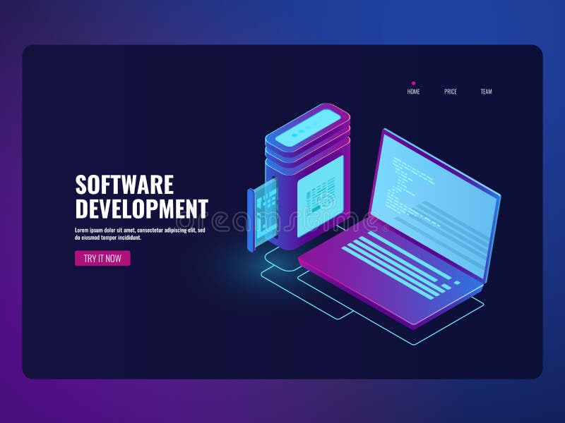 Online banking software, laptop with program code on screen, programming and program development, robotic technology royalty free illustration Online banking software, laptop with program code on screen, programming and program development, robotic technology royalty free illustration