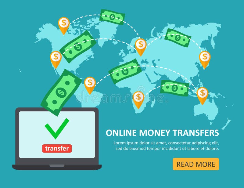 Online-begrepp för pengaröverföring med bärbara datorn med abov för dollarräkningar stock illustrationer Online-begrepp för pengaröverföring med bärbara datorn med abov för dollarräkningar stock illustrationer