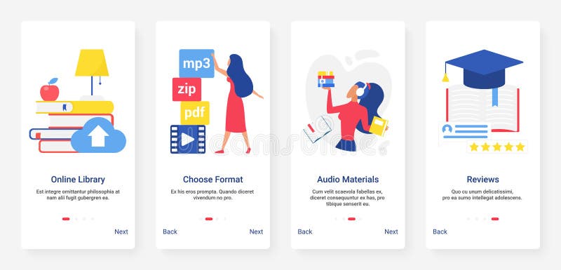 Online-Bibliothek wiederholt Social Media-Bewertungsausbildung mobilen App-Schirmsatz stock abbildung