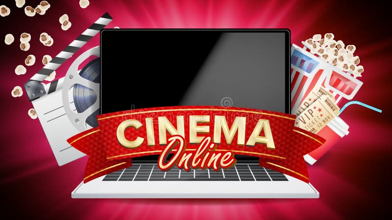 Online-biovektor Baner med bärbara datorn Beståndsdelar för filmbransch Filmband för filmkonst Affischtavla Promobegrepp vektor illustrationer Online-biovektor Baner med bärbara datorn Beståndsdelar för filmbransch Filmband för filmkonst Affischtavla Promobegrepp vektor illustrationer