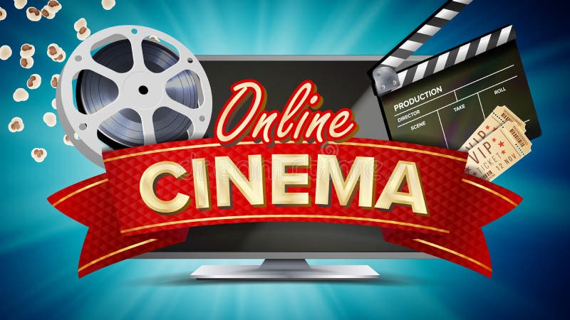 Online-biovektor Baner med datorbildskärmen Popcorn 3D exponeringsglas, Film-remsa filmkonst Online-filmbaner royaltyfri illustrationer Online-biovektor Baner med datorbildskärmen Popcorn 3D exponeringsglas, Film-remsa filmkonst Online-filmbaner royaltyfri illustrationer