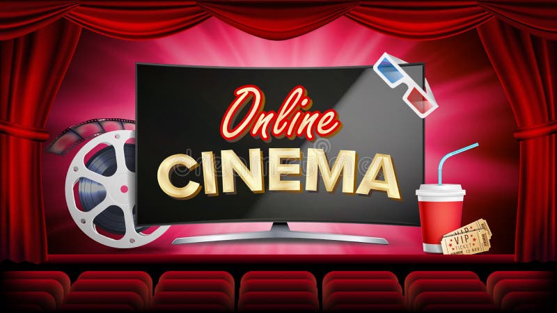 Online-biovektor Baner med datorbildskärmen Röd gardin Teater 3D exponeringsglas, film-remsa filmkonst Direktanslutet stock illustrationer Online-biovektor Baner med datorbildskärmen Röd gardin Teater 3D exponeringsglas, film-remsa filmkonst Direktanslutet stock illustrationer