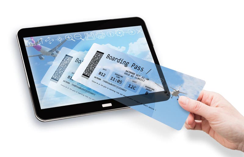 Online booking with hand of a woman taking an airplane ticket from a digital tablet. 3D concept image. All the contents of the