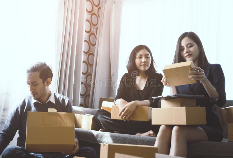 Online Business Team Packing Orders for Customer Stock Image Image of