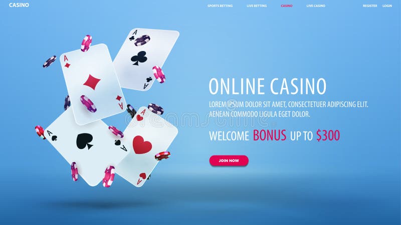 Online casino, blue banner with welcome bonus, button and falling casino poker chips with playing cards