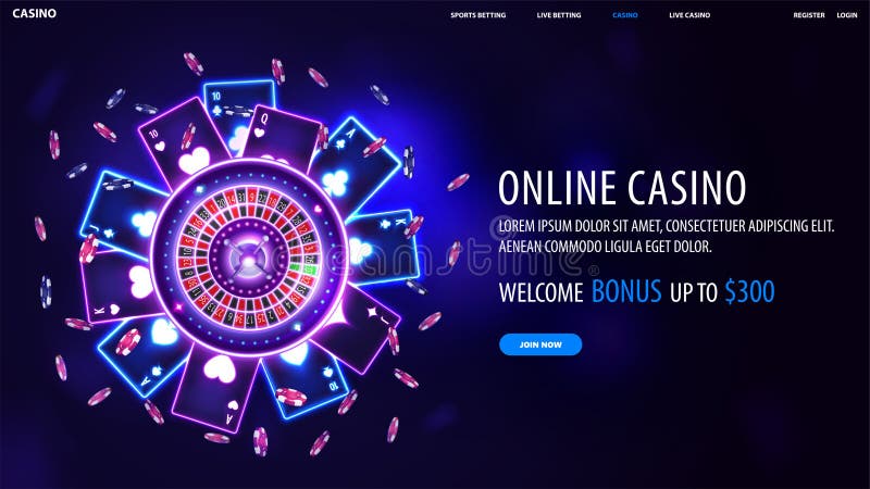 Online casino, blue dark banner with welcome bonus, button and pink shine neon Casino Roulette wheel with playing cards.