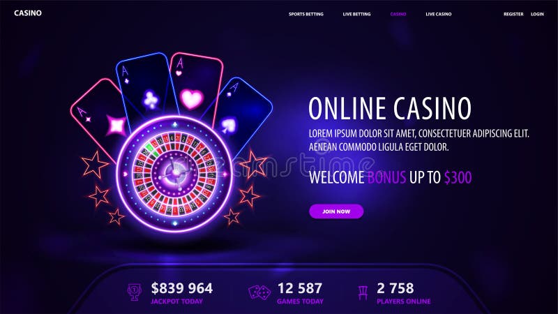 Online casino, blue invitation banner for website with welcome bonus, button and pink shine neon Casino Roulette wheel with playing cards in dark empty scene. Online casino, blue invitation banner for website with welcome bonus, button and pink shine neon Casino Roulette wheel with playing cards in dark empty scene.