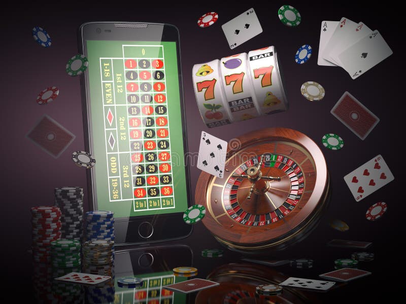 Online Casino Concept. Mobile Phone, Roulette with Casino Chips, Slot  Machine and Cards Stock Illustration - Illustration of leisure, mobile:  111242663