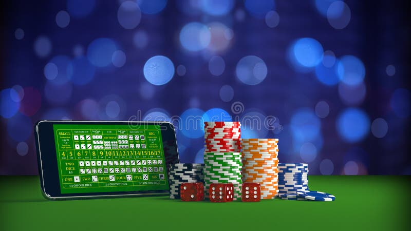 Online casino gambling concept with smartphone, poker chips and dice