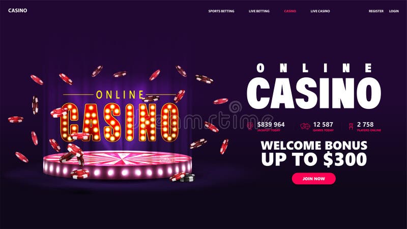 Online casino, purple invitation banner for website with button and Casino Wheel Fortune.