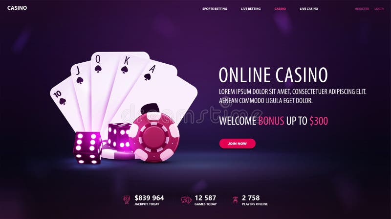 Online casino, purple invitation banner for website with welcome bonus, button, casino playing cards, dice and poker chips