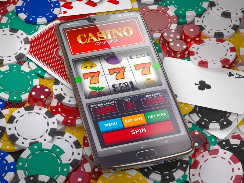 Online casino. Slot machine on smartphone screen, dice, casino chips and cards