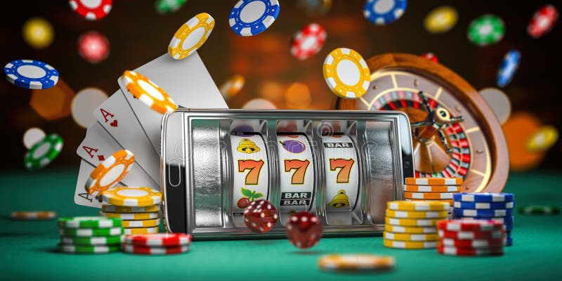 Online casino. Smartphone or mobile phone, slot machine, dice, cards and roulette on a green table in casino. 3d