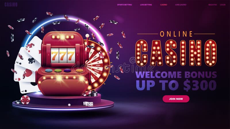 Online casino, welcome bonus, banner for website with button, slot machine, Casino Wheel Fortune, poker chips and playing cards on podium with round neon frame. Online casino, welcome bonus, banner for website with button, slot machine, Casino Wheel Fortune, poker chips and playing cards on podium with round neon frame.