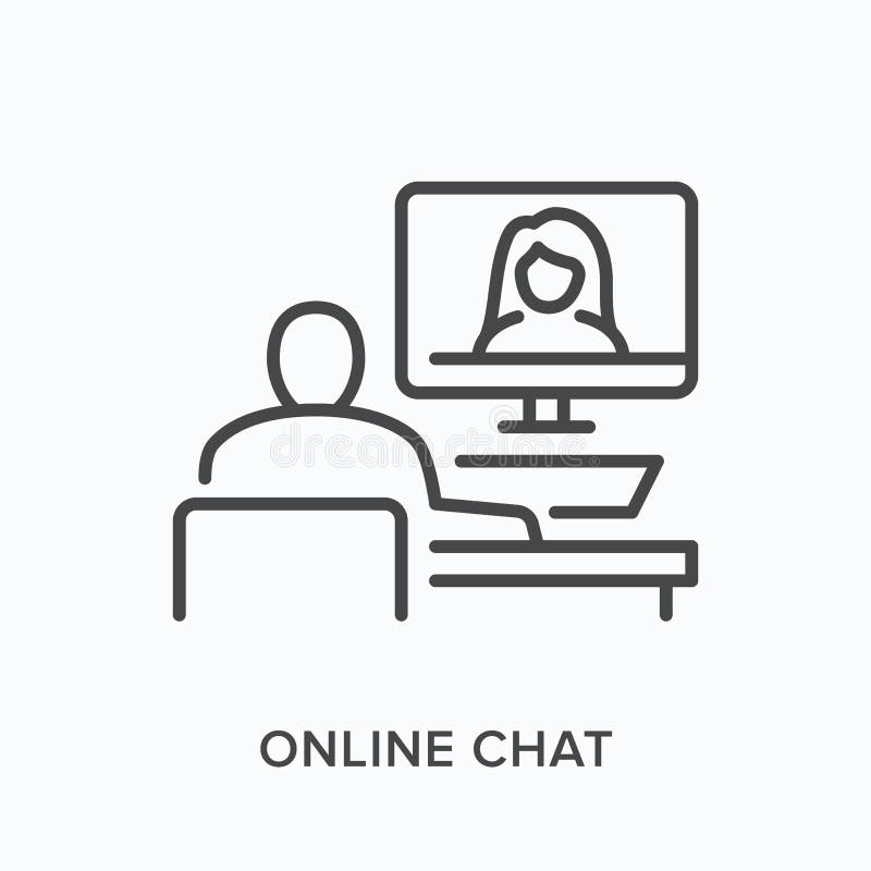 Online chat flat line icon. Vector outline illustration of man and woman using computer for videoconference. Remote stock illustration