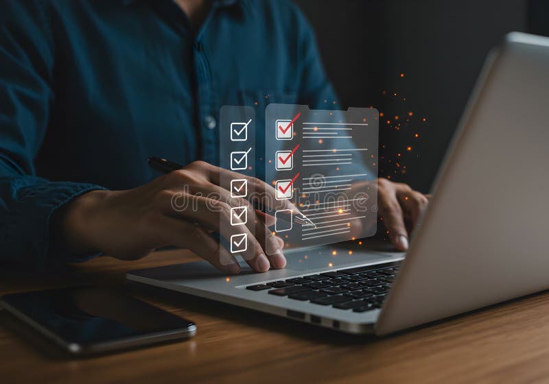 Online checklist task management on laptop for business productivity and efficient workflow planning system royalty free illustration