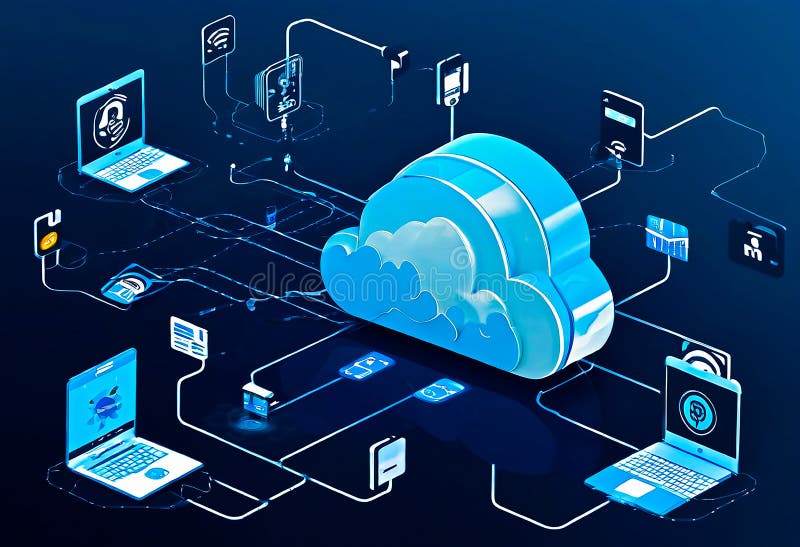 Online, cloud storage, contact, computing, tablet, phone home devices with online. linking computer to cloud with server, connection. Devices connected to storage in the data center AI generated