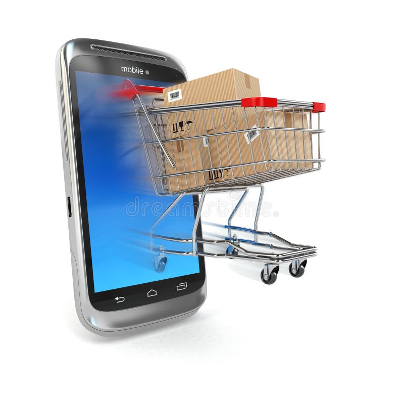 Online commerce, Mobile phone and shopping cart. vector illustration