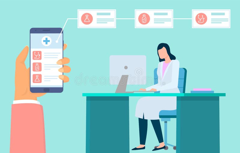 Online medicine, medical help, hand with phone, medical app, doctor working with computer in office royalty free illustration