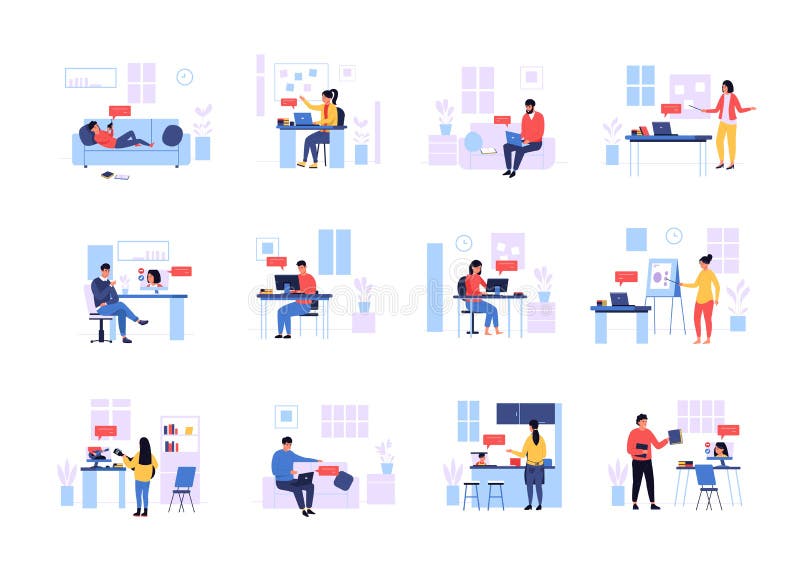 Online course. Cartoon scenes of persons learning at home with laptop and computer, teachers and students studying royalty free illustration