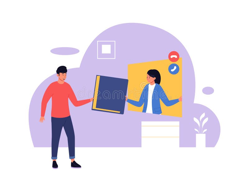Online course. Cartoon scenes of persons learning at home stock illustration