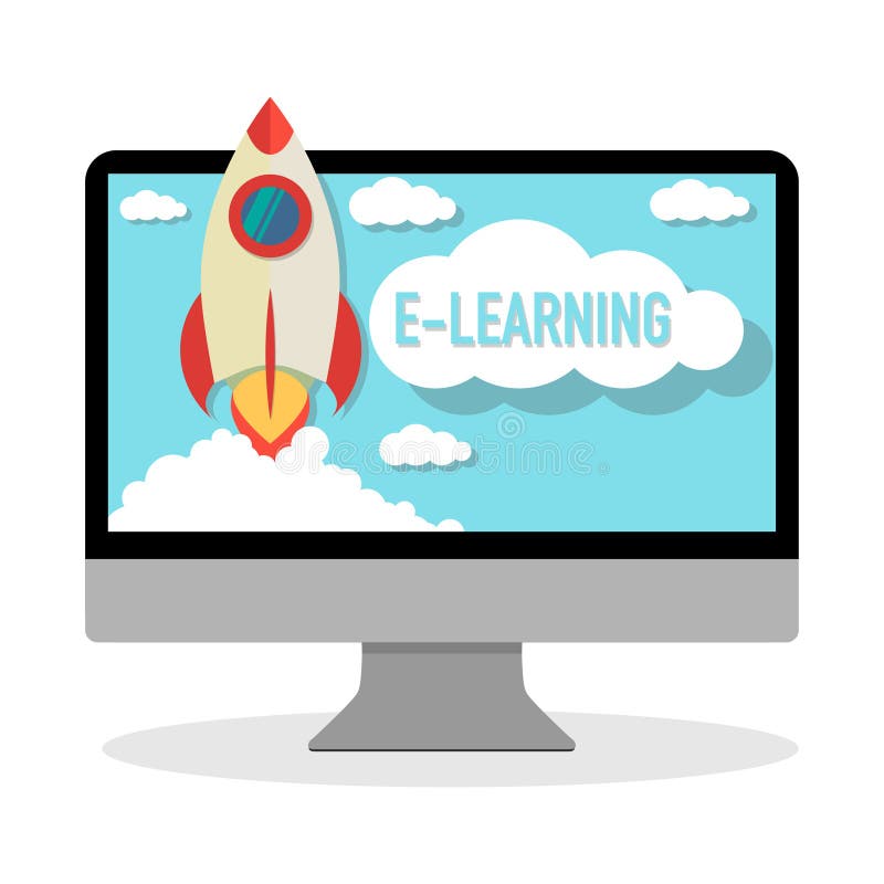 Online course e-learning computer with rocket launching royalty free illustration