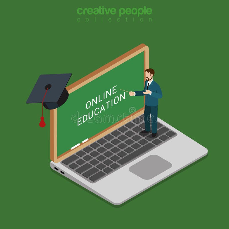 Online course education internet laptop flat 3d isometric vector royalty free illustration