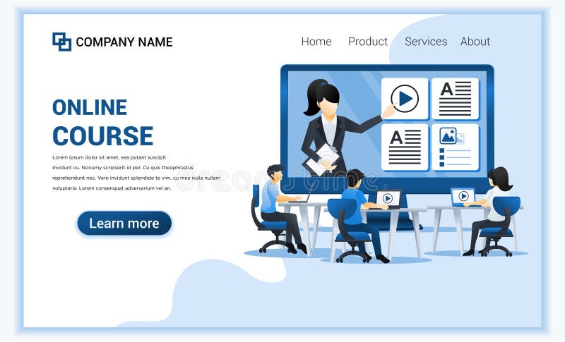 Online course with people sitting at desk and studying with laptop. Can use for banner, mobile app, landing page, website design t royalty free illustration