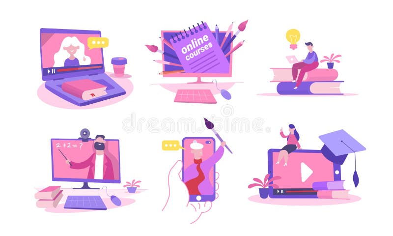 Online course set. Remote learning laptop smartphone with math digital video on-screen painting. stock illustration