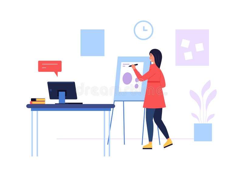 Online course. Woman giving lecture in internet, writing on flip board. Female character teaching people stock illustration
