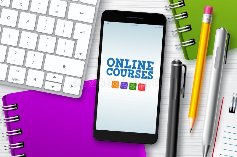 Online courses e-learning vector background. E-learning online courses text vector illustration