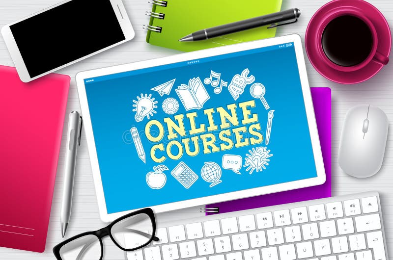 Online courses e-learning vector banner. E-learning online courses text in tablet screen vector illustration
