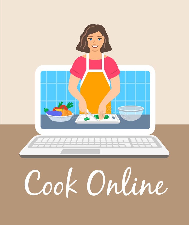 Online culinary video tutorial on computer screen stock illustration