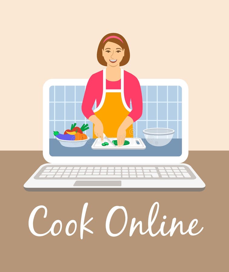 Online culinary video tutorial on computer screen vector illustration