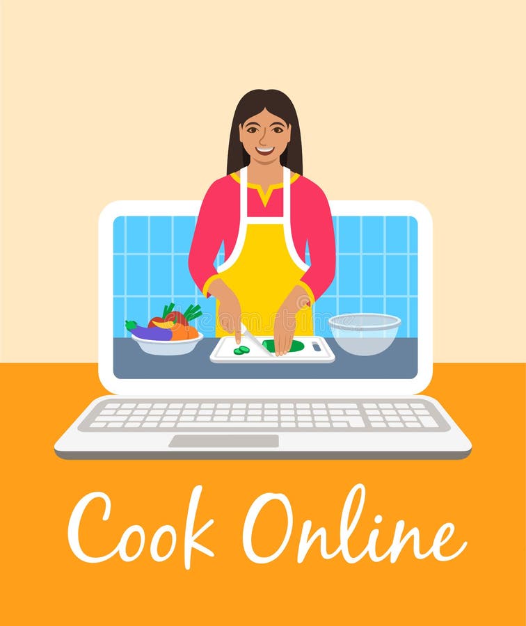 Online culinary video tutorial on computer screen stock illustration