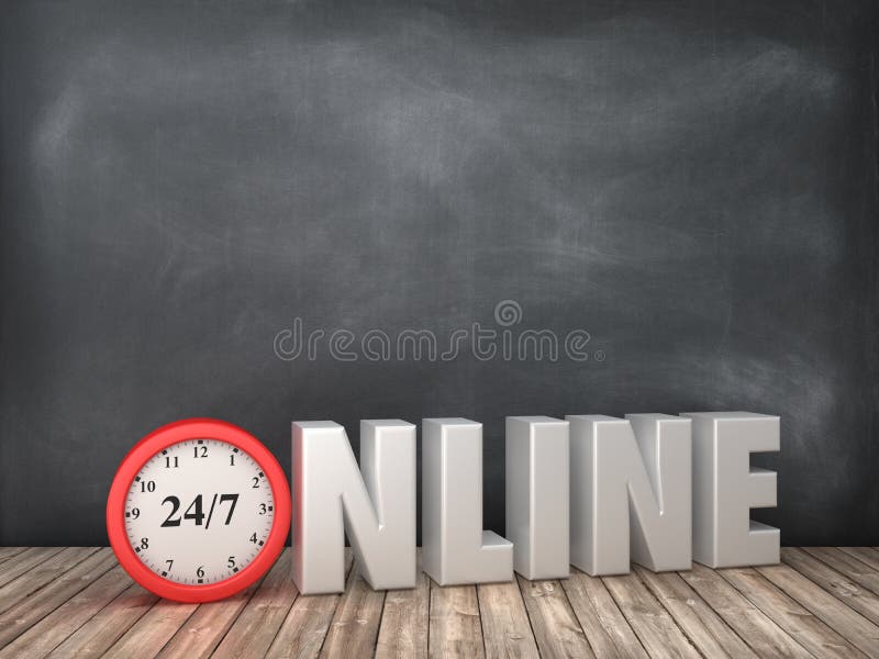 ONLINE 3D Word with Clock on Chalkboard Background royalty free illustration ONLINE 3D Word with Clock on Chalkboard Background royalty free illustration