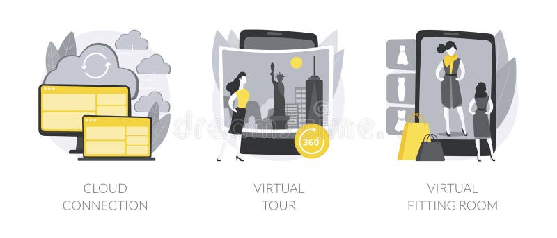 Online data transfer and virtual experience abstract concept vector illustrations. royalty free illustration