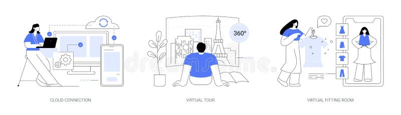 Online data transfer and virtual experience abstract concept vector illustrations. stock illustration