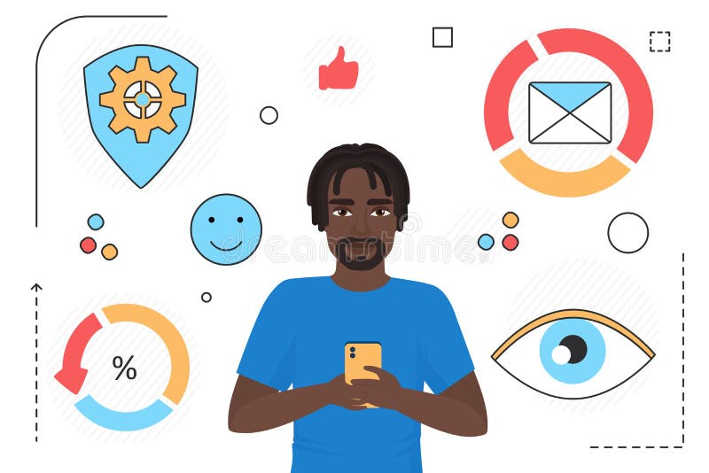 Online-Datenschutz-Mensch-Charakter mit Mobiltelefon und Line-Icons isoliert stock abbildung