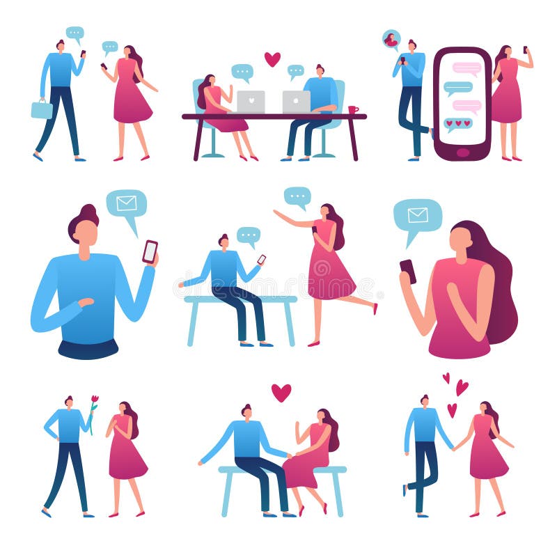 Online-datera par Romantiskt möte för man och för kvinna, perfekt matchinternet som daterar pratstund och blindträffservicevektor stock illustrationer