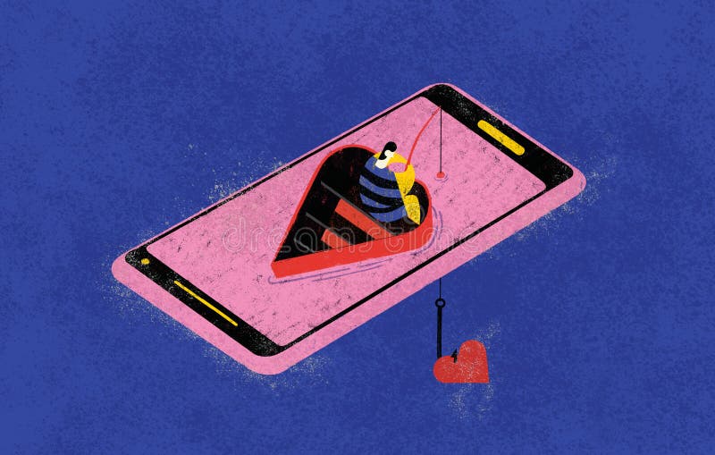 Online dating and love fishers. Colorful illustration shows an online fisher searching for love match on the network through his vector illustration Online dating and love fishers. Colorful illustration shows an online fisher searching for love match on the network through his vector illustration