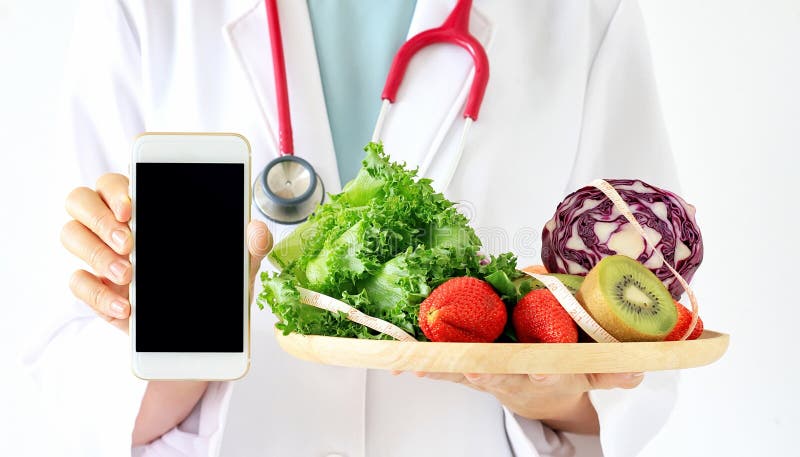 Online diet consultant, Doctor holding smart phone, fresh fruit.