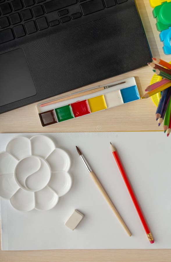 Online Drawing Lesson. Drawing Paper, Palette and Notebook for Communication Stock Photo Image