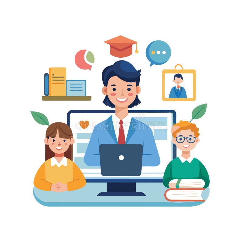Online education concept illustration: Teacher, students, computer, books, and graduation cap stock illustration