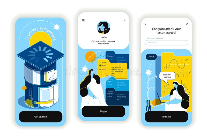 Online education concept onboarding screens. UI, UX, GUI user interface kit vector illustration