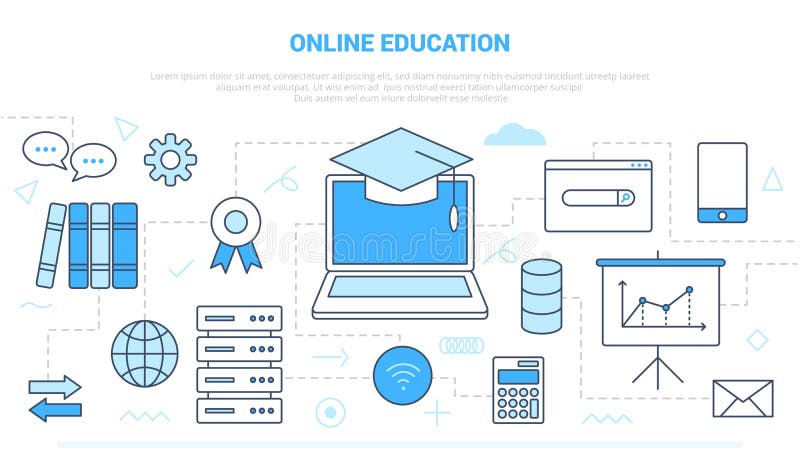 Online education concept with various icon line like computer and internet wifi network with modern line style vector illustration